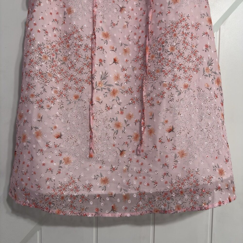 Women’s Pink Sleeveless Sheer Floral Ruffle Tie Neck Blouse Top Size Small - Picture 4 of 13